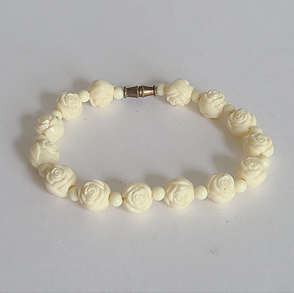 Vintage Cream Off White Celluloid Carved Rose Flower Floral Beaded Bracelet